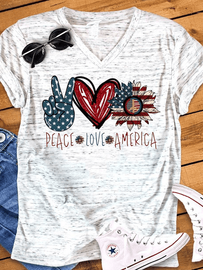 Women's V-neck PEACE LOVE AMERICAN Flag Printed Short Sleeve T-shirt