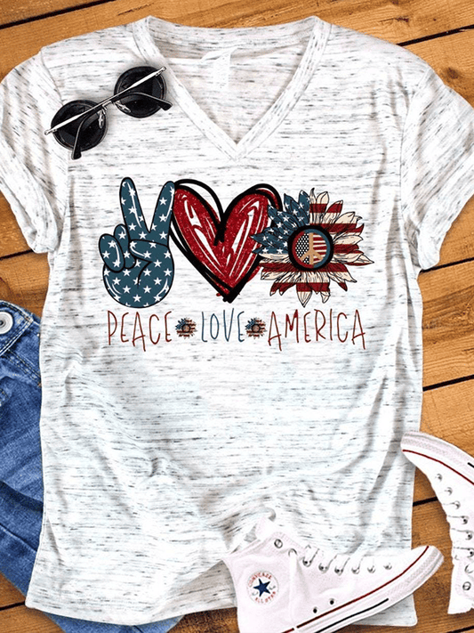 Women's V-neck PEACE LOVE AMERICAN Flag Printed Short Sleeve T-shirt