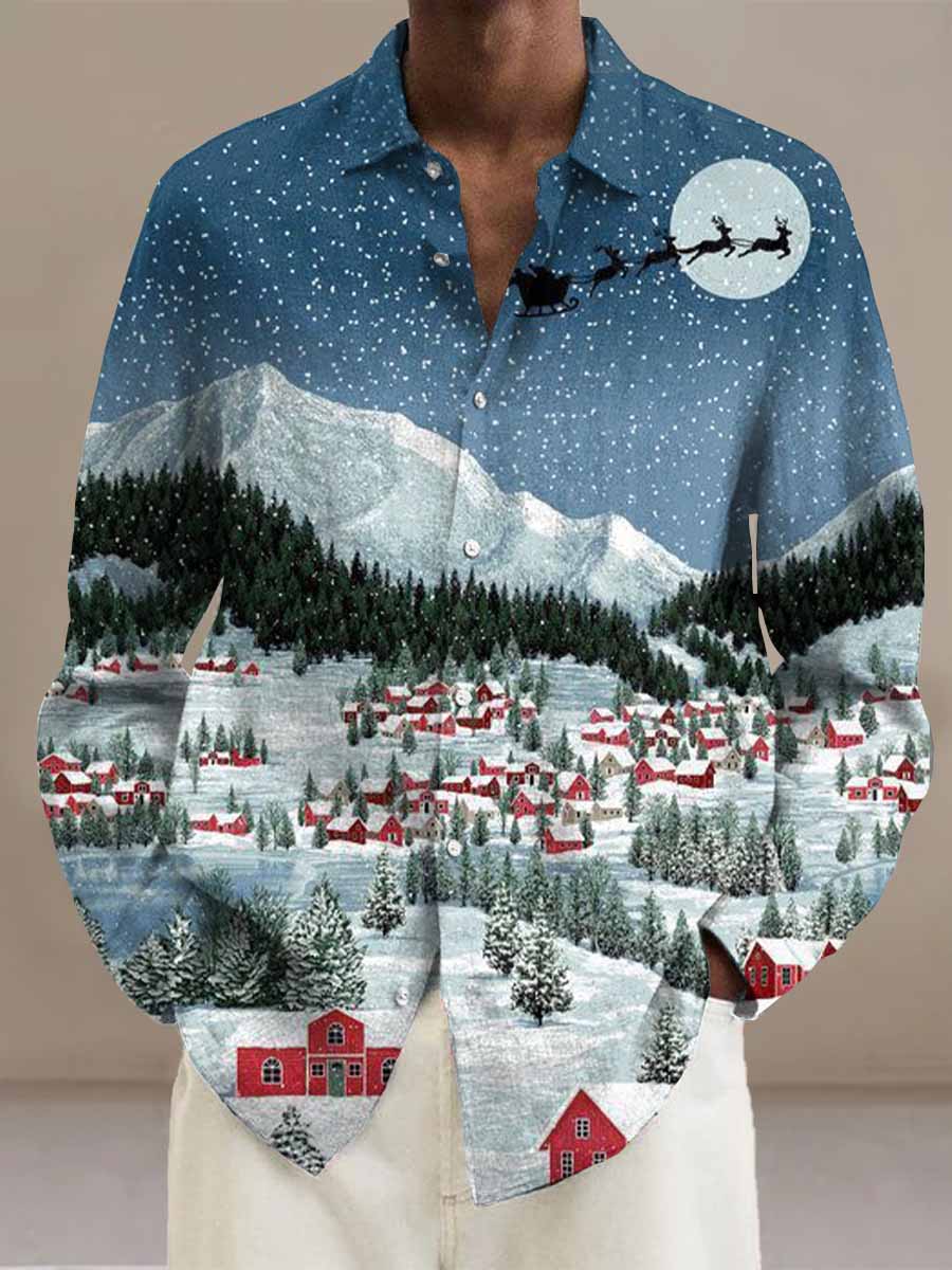 Christmas Snowy Night Village Warm Print Long Sleeve Shirt