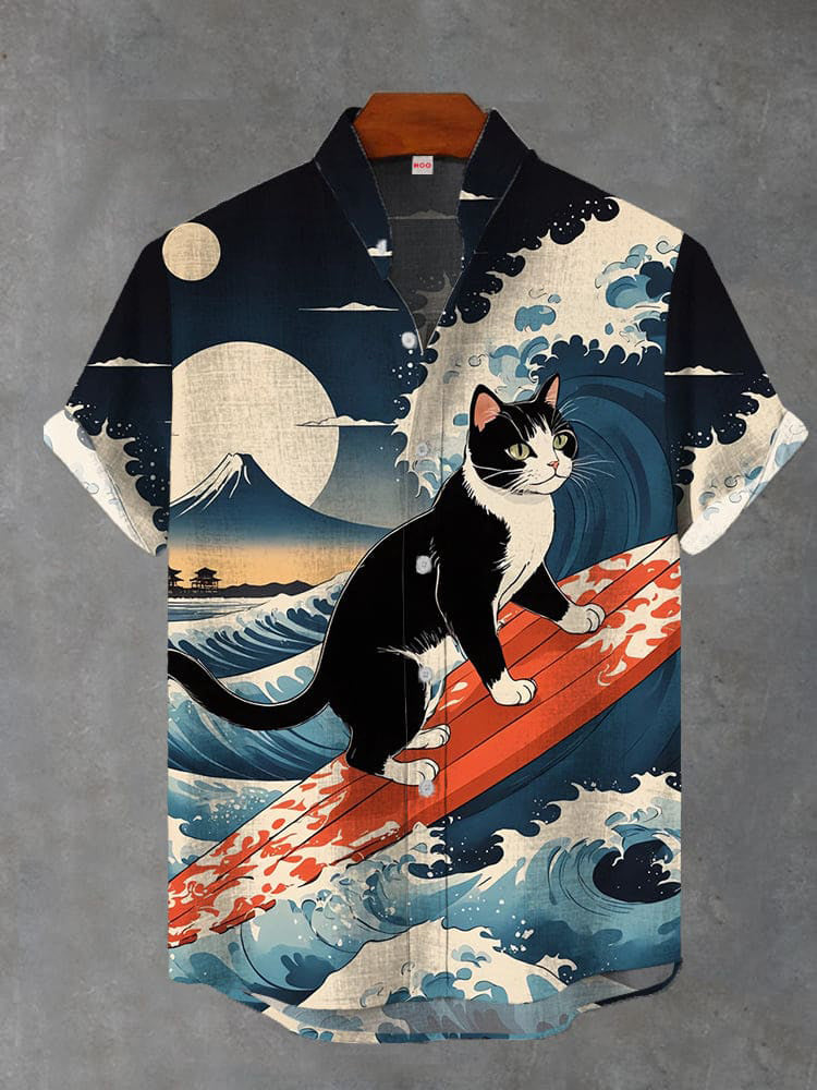 Ukiyoe Surfing Black Cat Printing Cotton Linen Short Sleeve Shirt