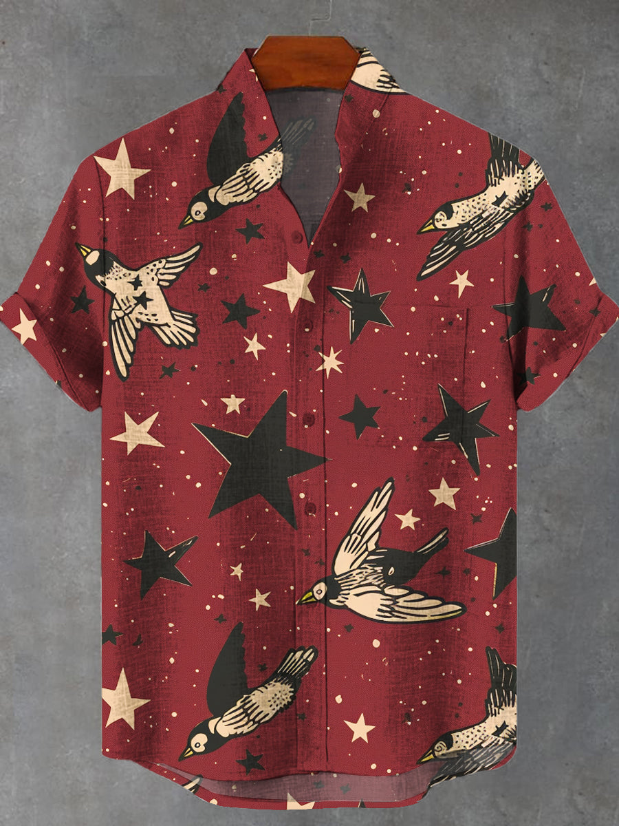 Stars And Birds Vintage Print Casual Shirt