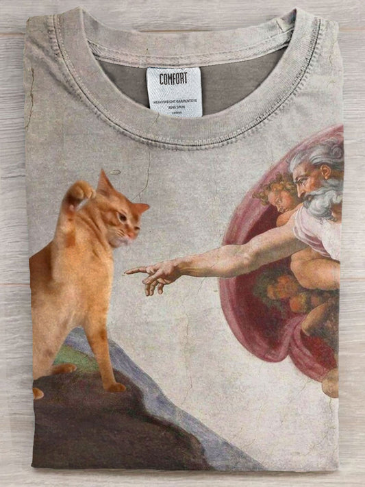 Vintage Funny Cat Art Print Casaul Short Sleeve T-shirt