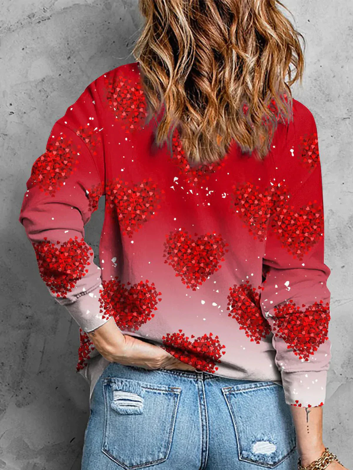 Red Heart Pattern Round Neck Straight Casual Sweatshirt