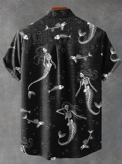 Mermaid Skeletons Vintage Print Casual  Shirt