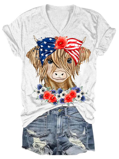Flag American Cow Print V-Neck T-Shirt