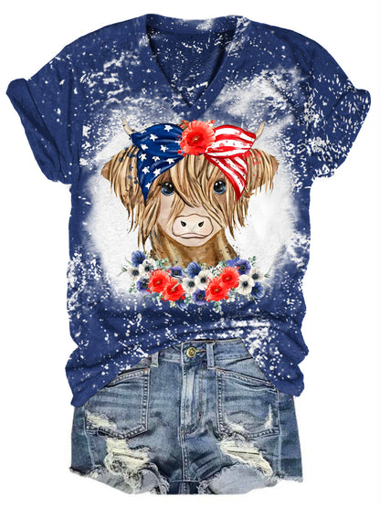 Flag American Cow Print V-Neck T-Shirt