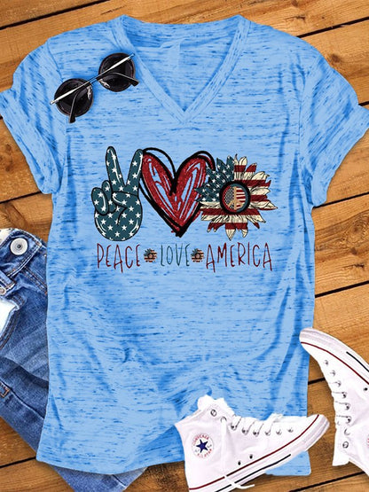 Women's V-neck PEACE LOVE AMERICAN Flag Printed Short Sleeve T-shirt