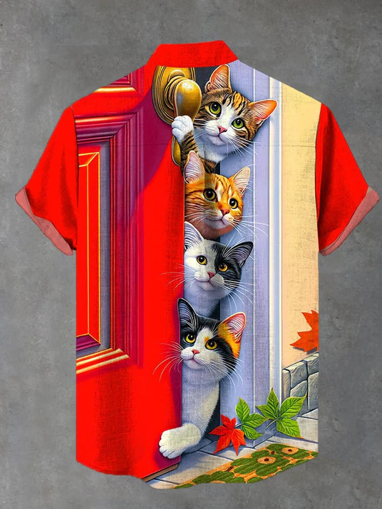 Cute Cats Behind The Red Door Printing Cotton Linen Short Sleeve Shirt