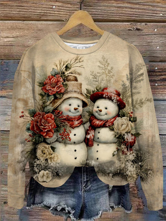Vintage Snowmen in Winter Scenery Round Neck Long Sleeve Top