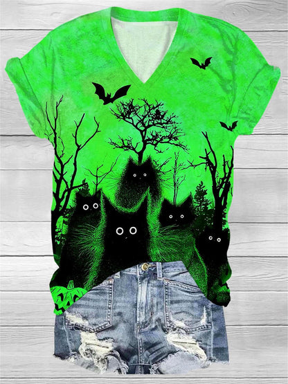 Halloween Black Cat Print V Neck T-Shirt