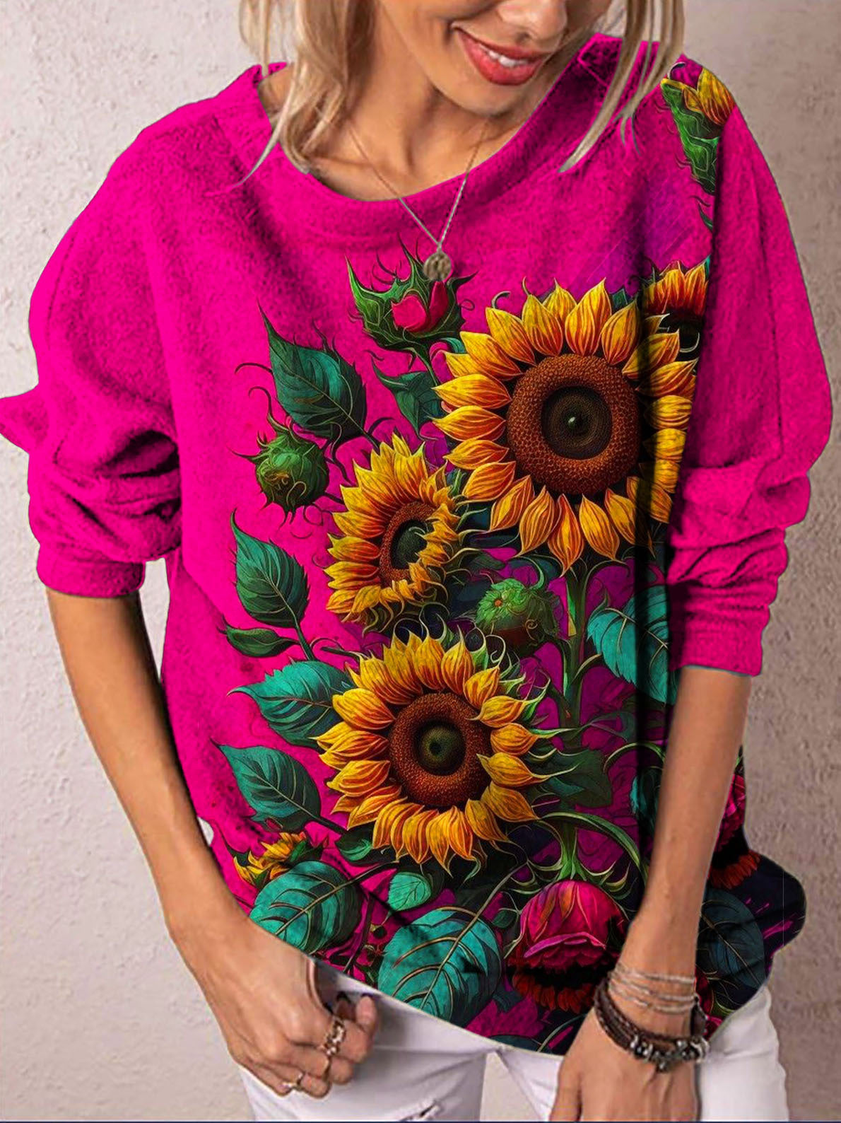 Women's Sunflower Print Crew Neck Casual Top