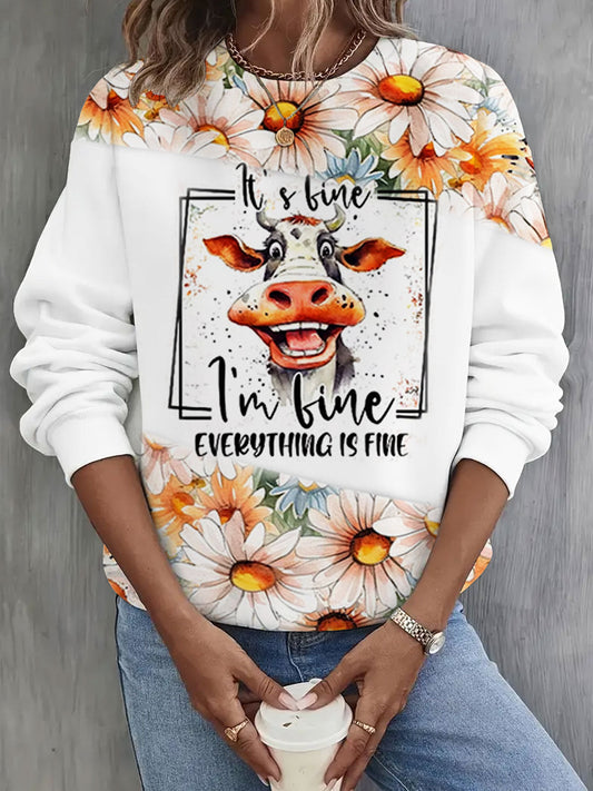It's Fine I'm Fine Everything is Fine Cow Print Long Sleeve Casual Top