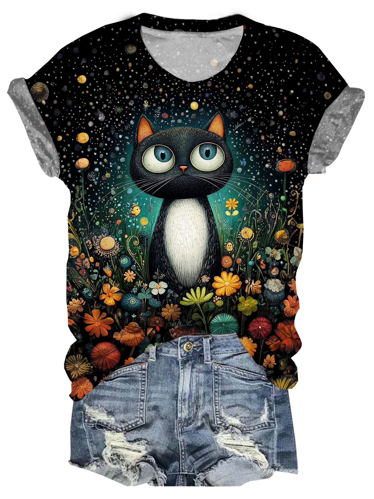 Abstract Funny Cat Crew Neck T-shirt