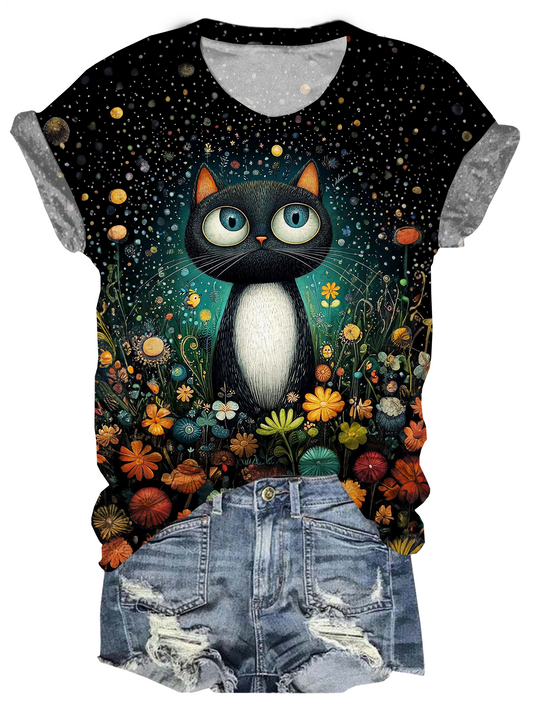 Abstract Funny Cat Crew Neck T-shirt