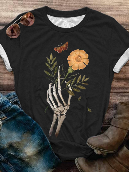 Skull Hand Butterfly Crew Neck T-Shirt