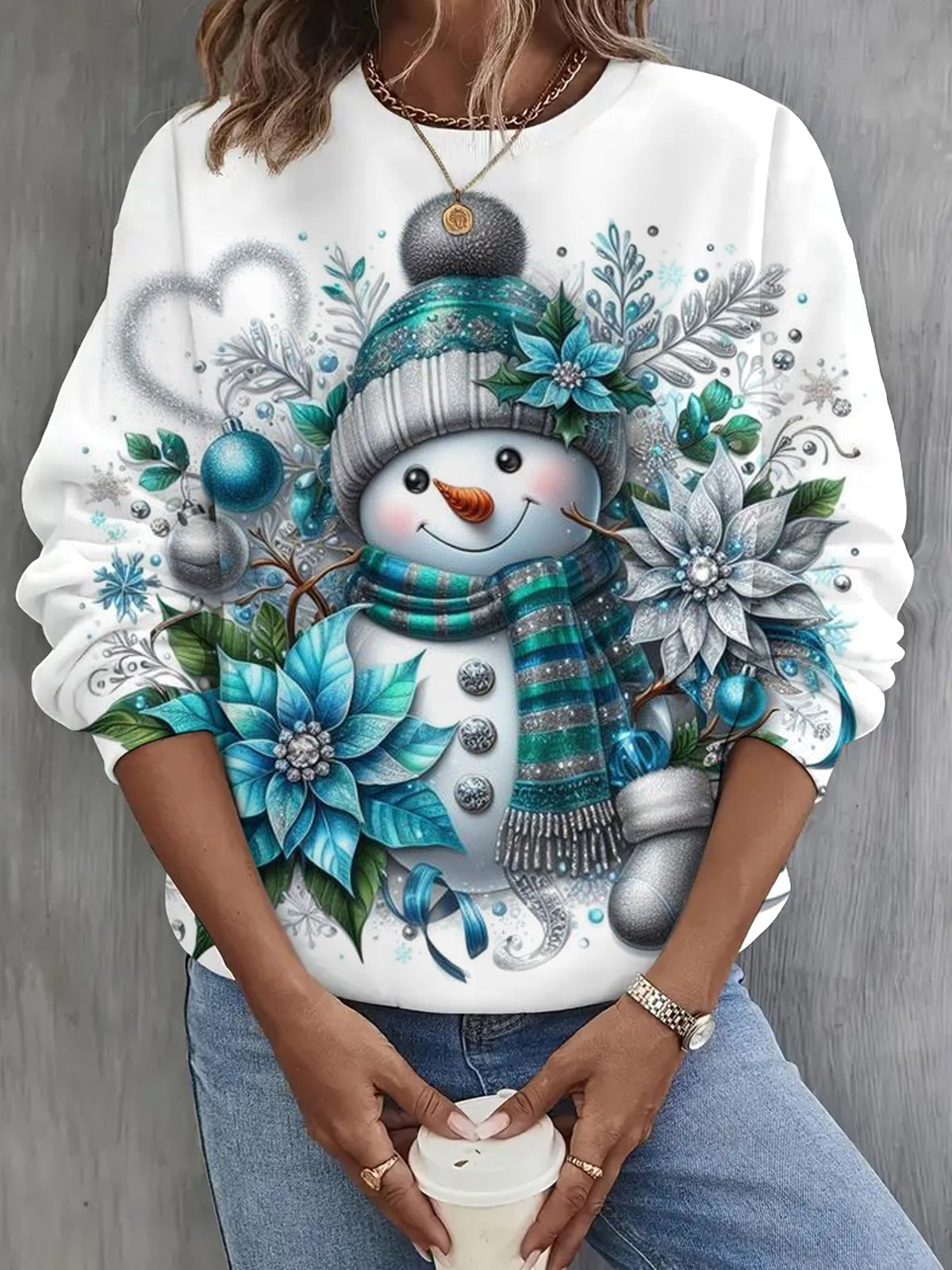 Snowman Flower Round Neck Long Sleeve Top