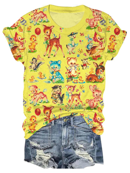 Vintage Baby Animals Crew Neck T-shirt