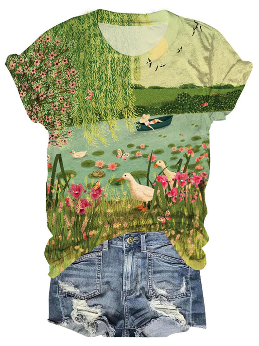 Vintage Flower Duck Lake Crew Neck T-shirt