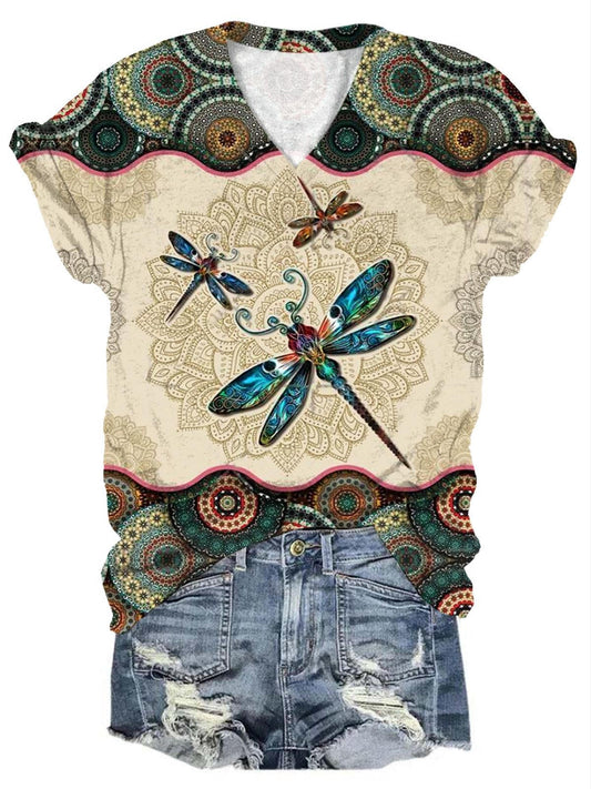 Women's Retro Mandala Dragonfly Print V-Neck Top