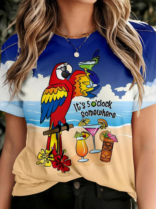 5 O'Clock Somewhere Color Stitching Crew Neck T-shirt