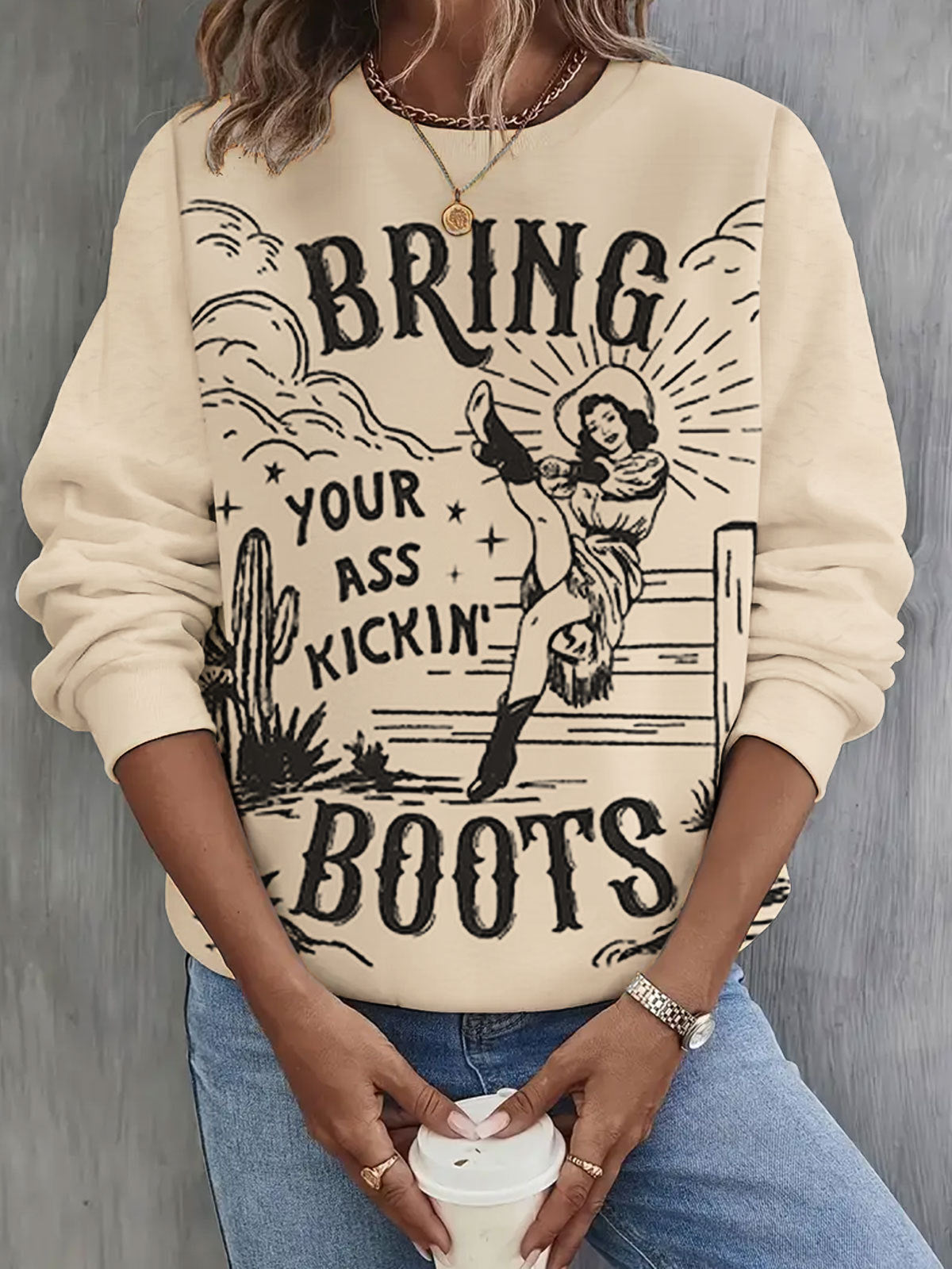 Vintage Cowgirl Art Print Long Sleeve Casual Top