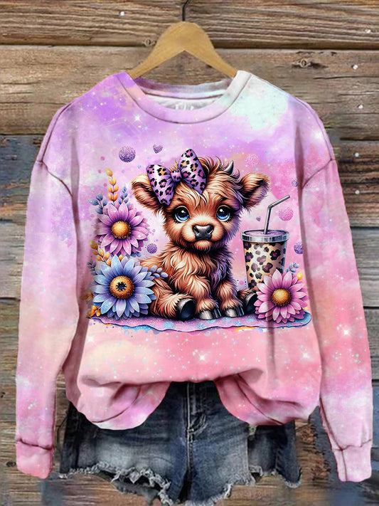 Women's Cute Calf Floral Print Crew Neck Casual Top