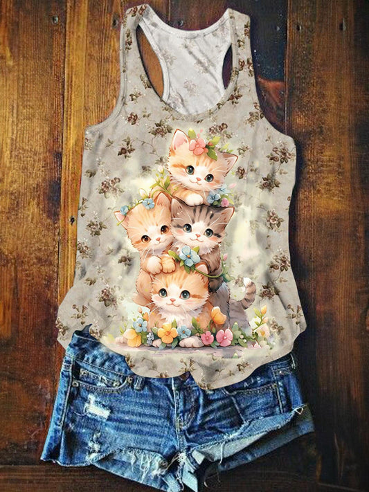 Women's Vintage Cat Floral Print Tank Top