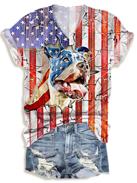Flag Dog Print V-neck T-Shirt