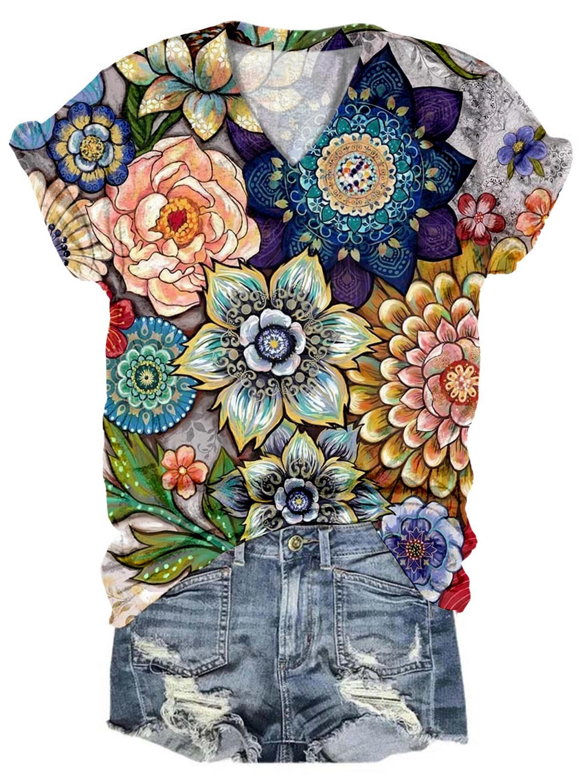 Vintage Flower Print V Neck T-Shirt
