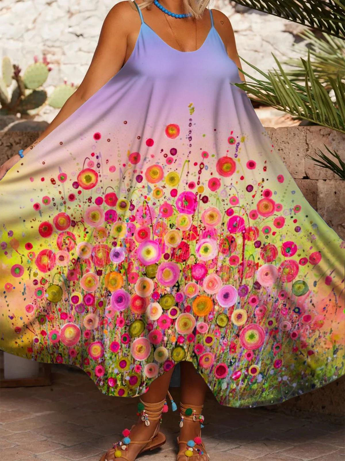 Pink Wildflower Print Casual Spaghetti Strap Dress