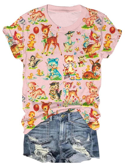 Vintage Baby Animals Crew Neck T-shirt