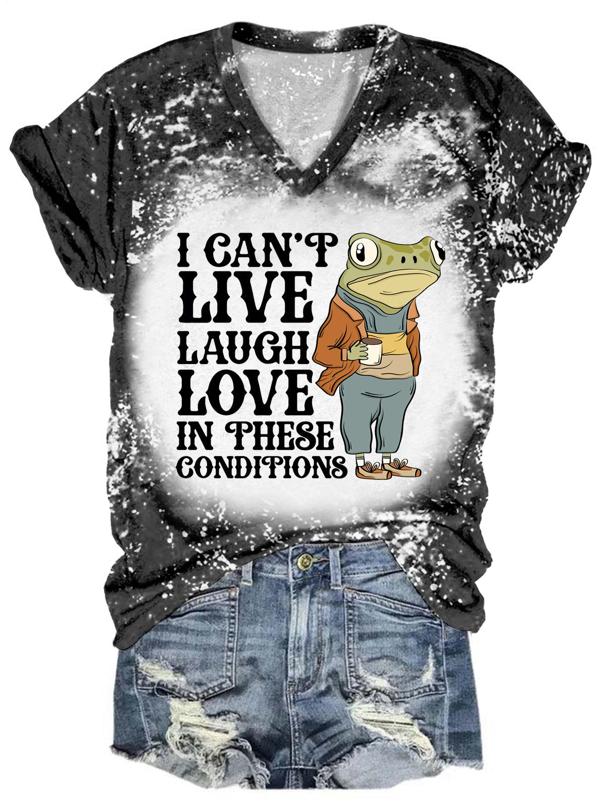Sad Frog Funny Word V-Neck Short Sleeve T-Shirt