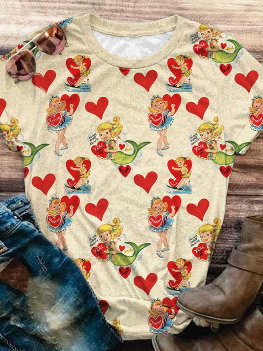 Valentine's Day Retro Girls Crew Neck T-Shirt