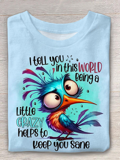 Cute Bird Printed Crew Neck T-shirt