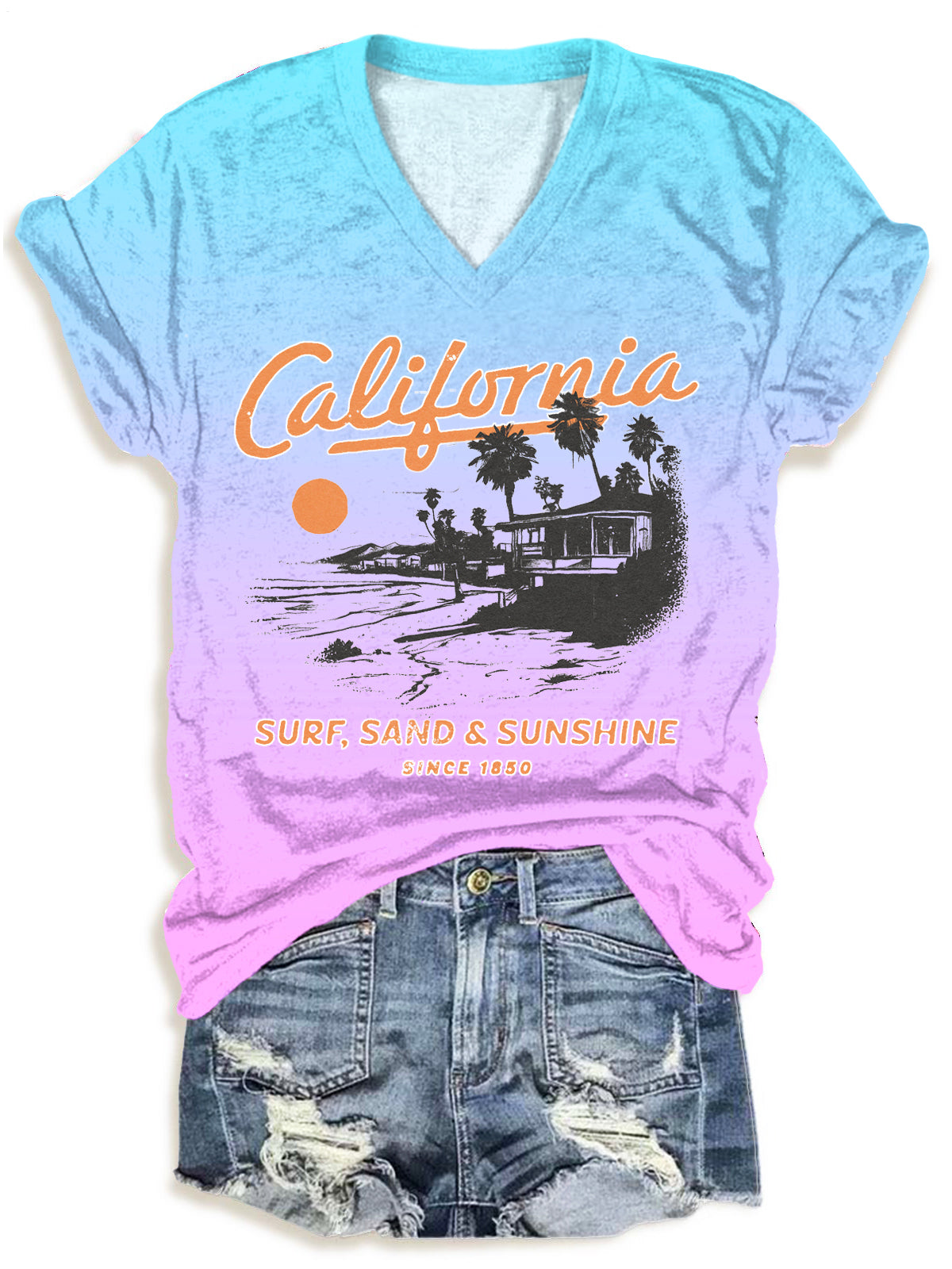 California Vacation Beach Tie Dye V-neck T-Shirt