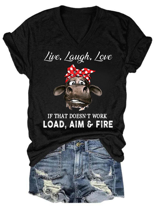 Live Laugh Love Cow Print V-Neck T-Shirt