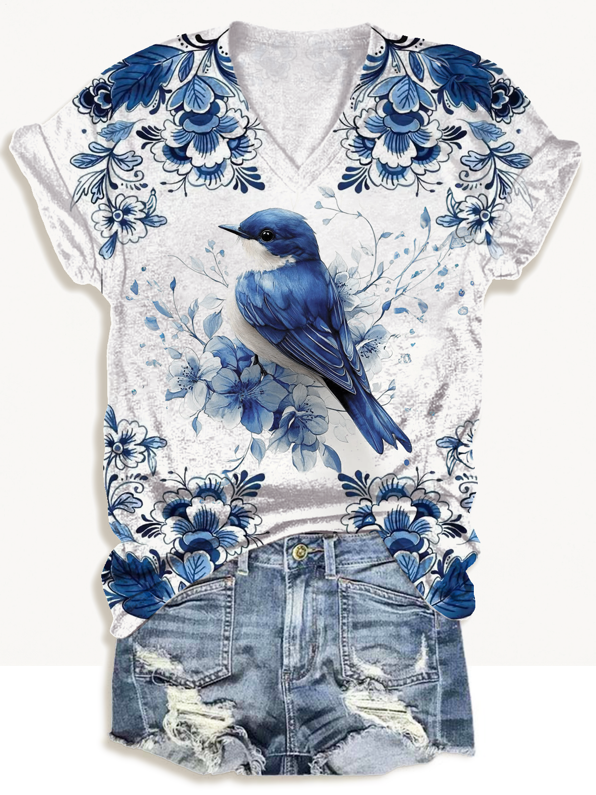 Women's Blue Flower And Hummingbird Print Short Sleeve V-neck T-Shirt