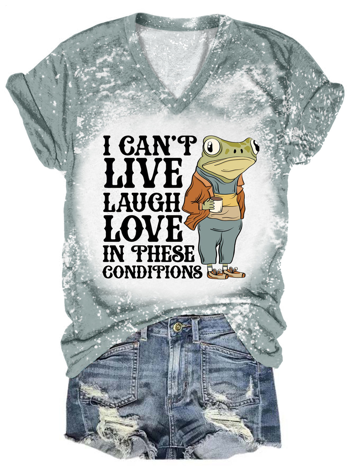 Sad Frog Funny Word V-Neck Short Sleeve T-Shirt