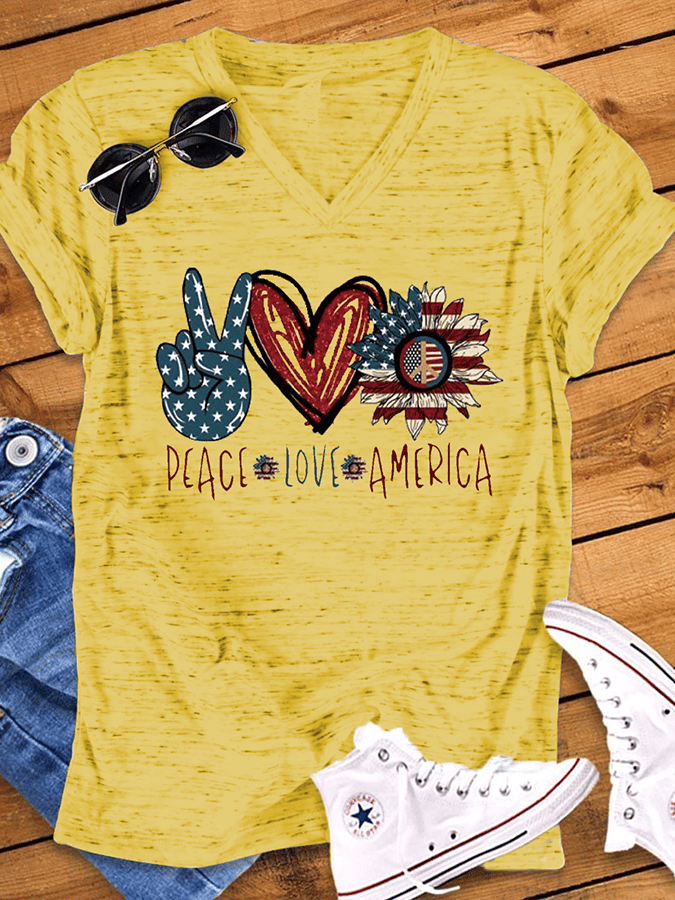 Women's V-neck PEACE LOVE AMERICAN Flag Printed Short Sleeve T-shirt