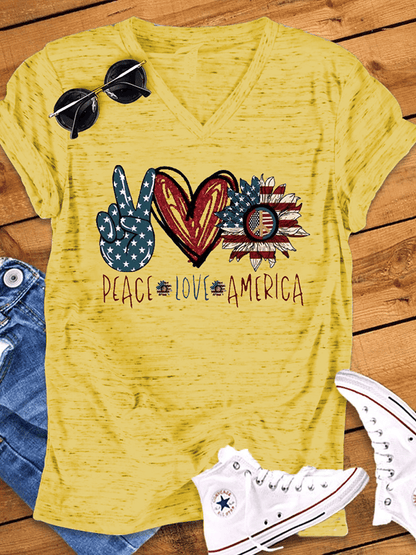 Women's V-neck PEACE LOVE AMERICAN Flag Printed Short Sleeve T-shirt