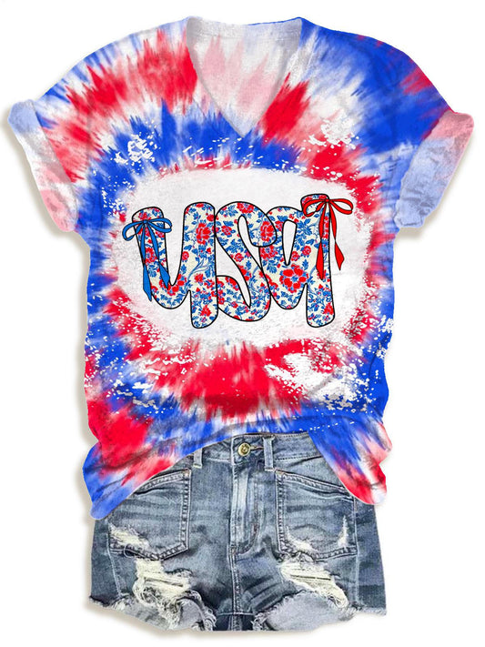 Retro America Floral Independence Day Print V-neck T-Shirt
