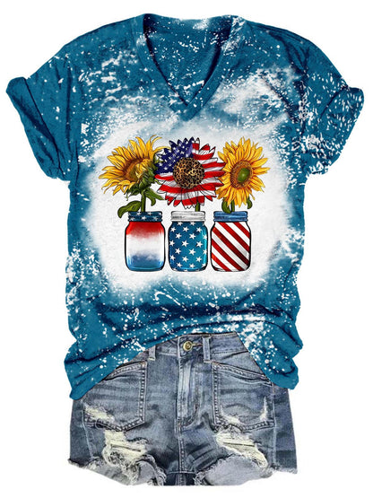 American Flag Sunflower In Jars Tie Dye V Neck T-Shirt