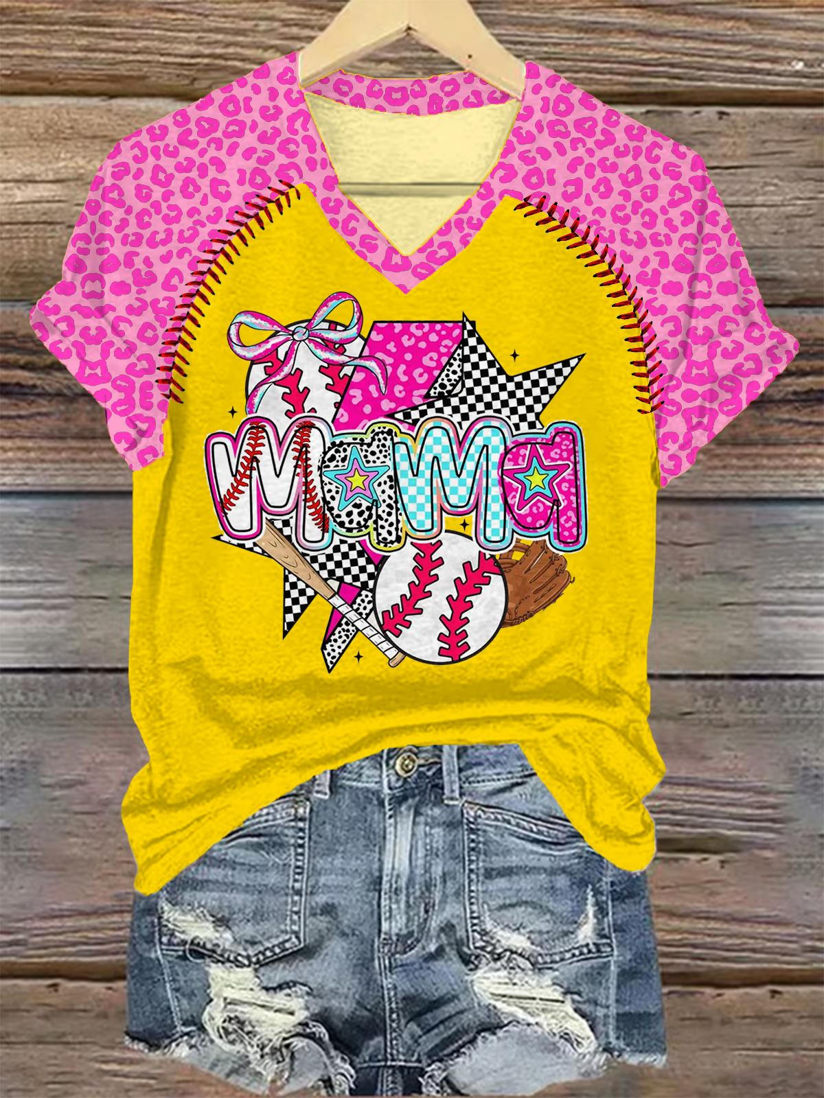 Baseball Mama Coquette Leopard Print V-neck T-Shirt