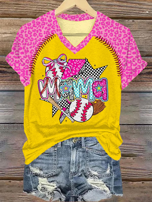 Baseball Mama Coquette Leopard Print V-neck T-Shirt