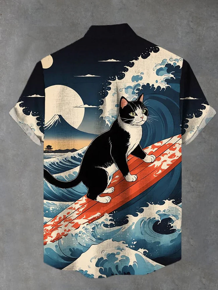 Ukiyoe Surfing Black Cat Printing Cotton Linen Short Sleeve Shirt