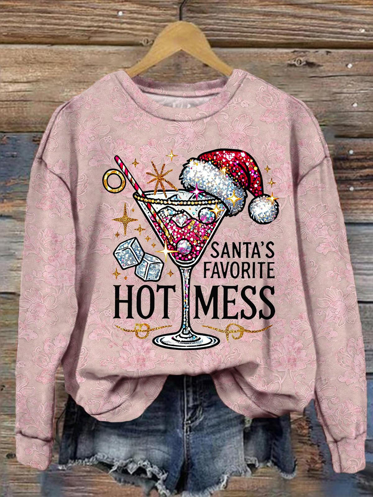 Santa's Favorite Hot Mess Vintage Print Long Sleeve Top