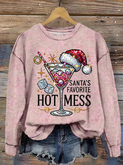Santa's Favorite Hot Mess Vintage Print Long Sleeve Top