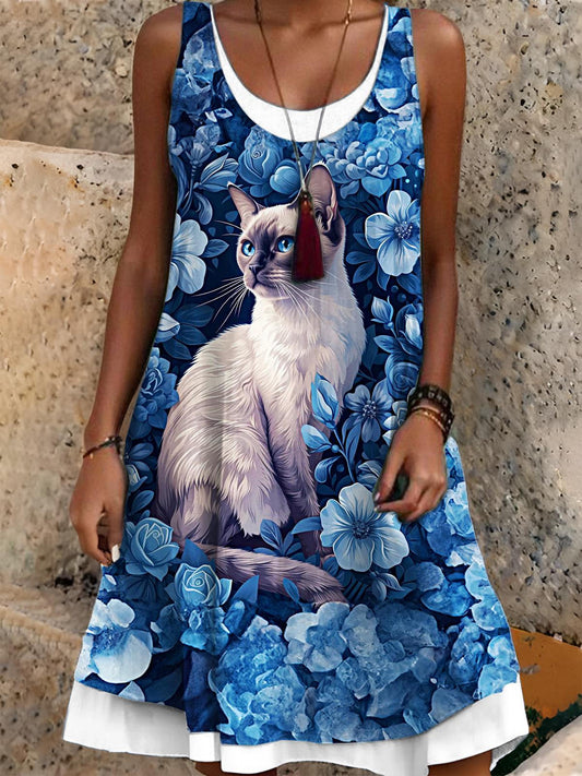 Floral Cat Print False Two Dress