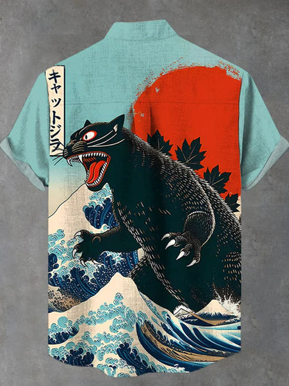 Japanese Ukiyo-E Cat Monster Dinosaur Printing Breast Pocket Cotton Linen Short Sleeve Shirt