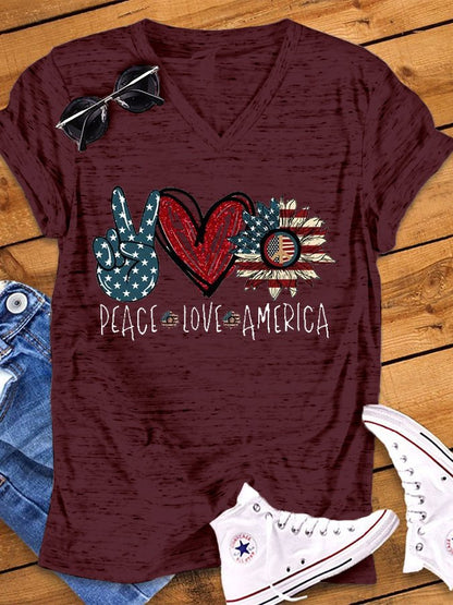 Women's V-neck PEACE LOVE AMERICAN Flag Printed Short Sleeve T-shirt